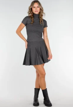 Grijze Stretch Top met Col en Korte Mouwen