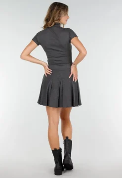 Grijze Stretch Top met Col en Korte Mouwen