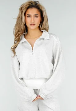 Grijze Sweater met Halve Rits en Elastische Boorden
