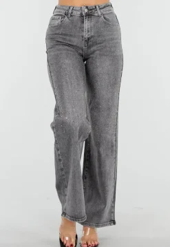 Grijze Wide Leg Jeans met Hoge Taille en Strass Details