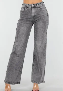 Grijze Wide Leg Jeans met Hoge Taille en Strass Details