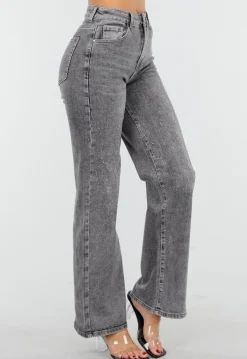 Grijze Wide Leg Jeans met Hoge Taille en Strass Details