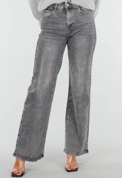 Grijze Wide Leg Jeans met Hoge Taille en Strass Details