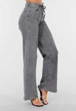 Grijze Wide Leg Jeans met Hoge Taille en Striksluiting