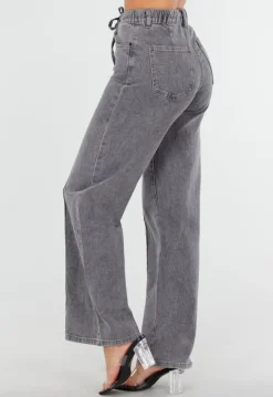 Grijze Wide Leg Jeans met Hoge Taille en Striksluiting