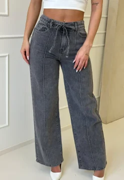 Grijze Wide Leg Jeans met Hoge Taille en Striksluiting