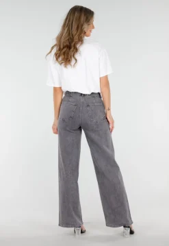 Grijze Wide Leg Jeans met Hoge Taille en Striksluiting