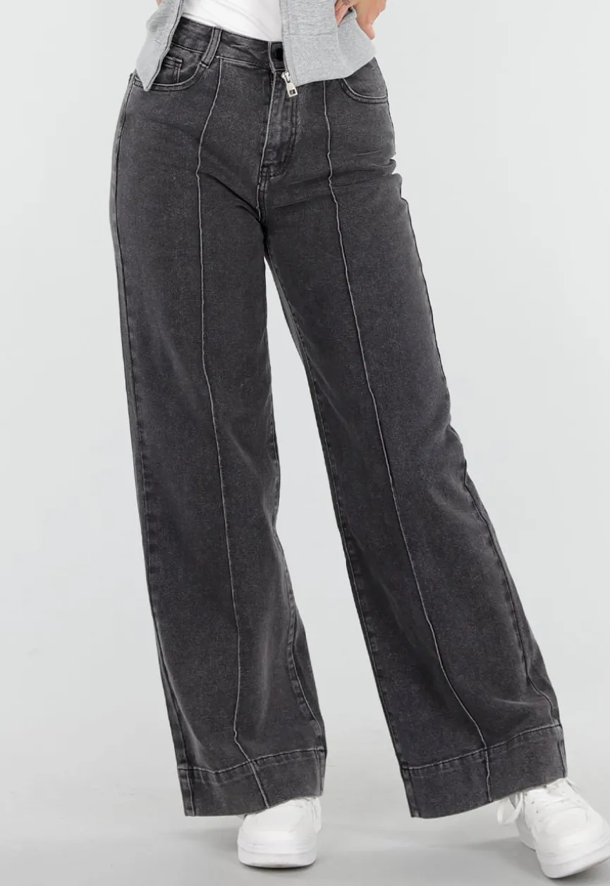 Grijze Wide Leg Jeans met Stretch en Verticale Naden