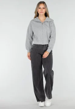 Grijze Wide Leg Jeans met Stretch en Verticale Naden