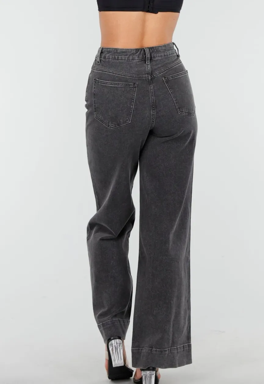 Grijze Wide Leg Jeans met Stretch en Verticale Naden