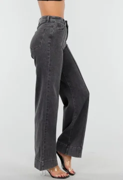 Grijze Wide Leg Jeans met Stretch en Verticale Naden