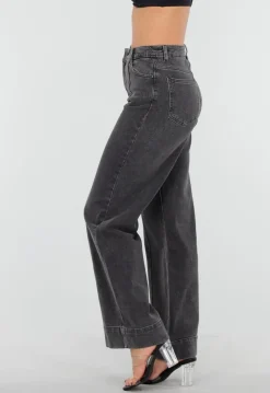 Grijze Wide Leg Jeans met Stretch en Verticale Naden
