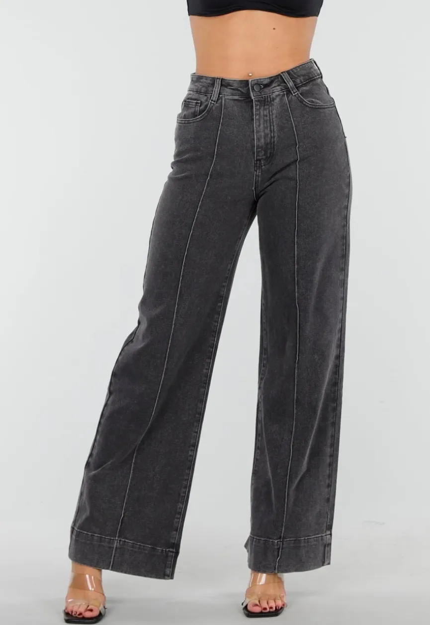 Grijze Wide Leg Jeans met Stretch en Verticale Naden