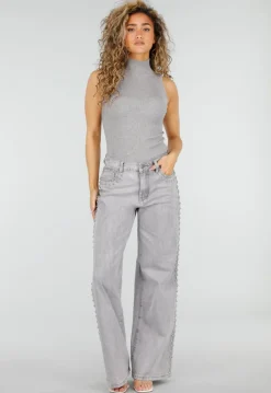 Grijze Wide Leg Jeans met Stud Details en High Waist Pasvorm