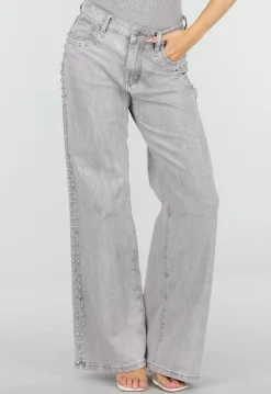 Grijze Wide Leg Jeans met Stud Details en High Waist Pasvorm