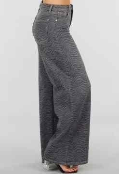 Grijze Wide Leg Jeans met Zebraprint en Lichte Stretch