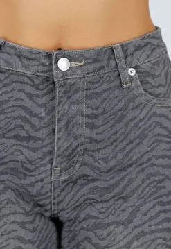 Grijze Wide Leg Jeans met Zebraprint en Lichte Stretch