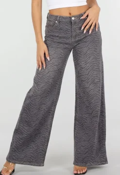 Grijze Wide Leg Jeans met Zebraprint en Lichte Stretch