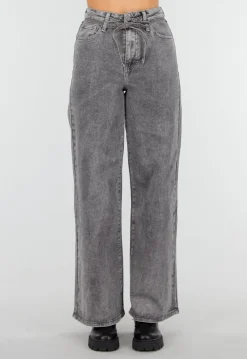 Grijze Wide Leg Stretch Jeans met Hoge Taille en Strikceintuur