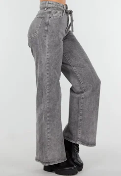 Grijze Wide Leg Stretch Jeans met Hoge Taille en Strikceintuur
