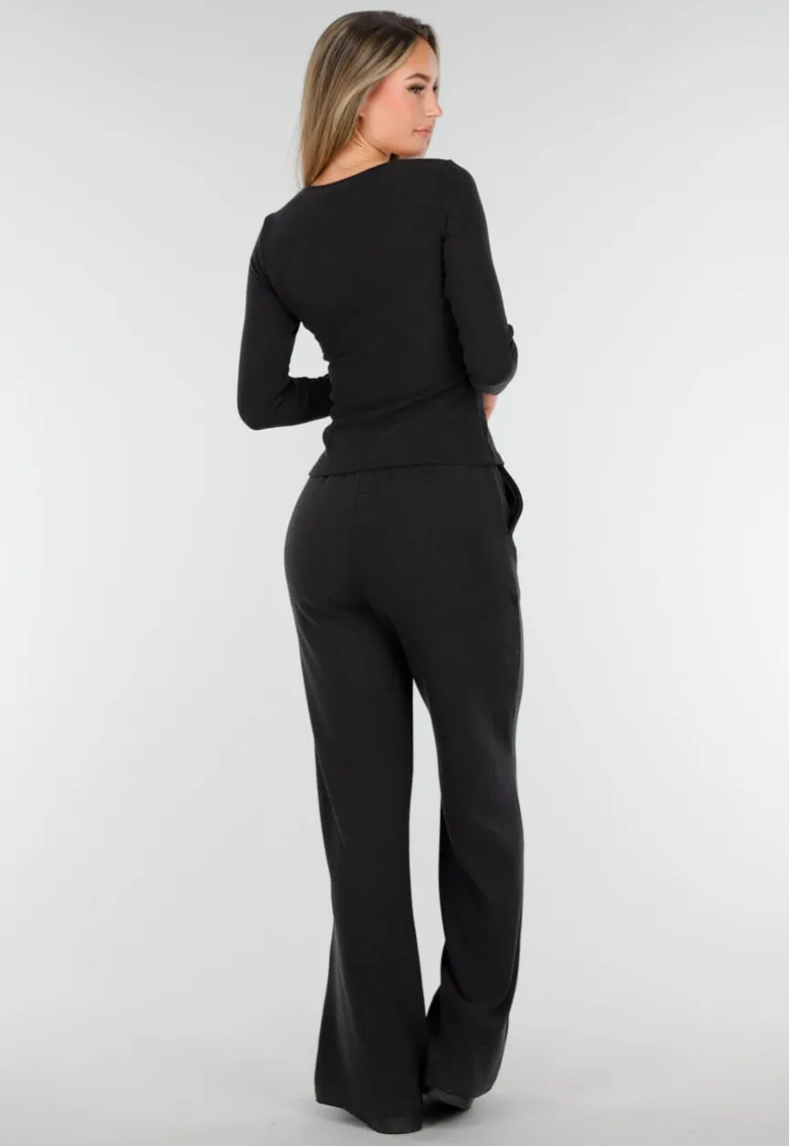 Grijze Zachte Stretch Top met Ronde Hals en Lange Mouwen