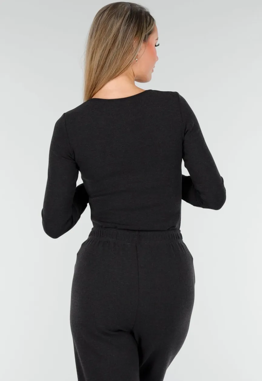 Grijze Zachte Stretch Top met Ronde Hals en Lange Mouwen
