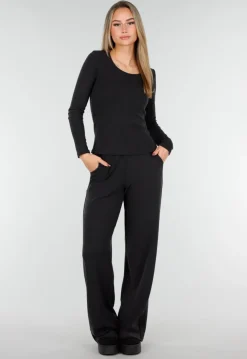 Grijze Zachte Stretch Top met Ronde Hals en Lange Mouwen