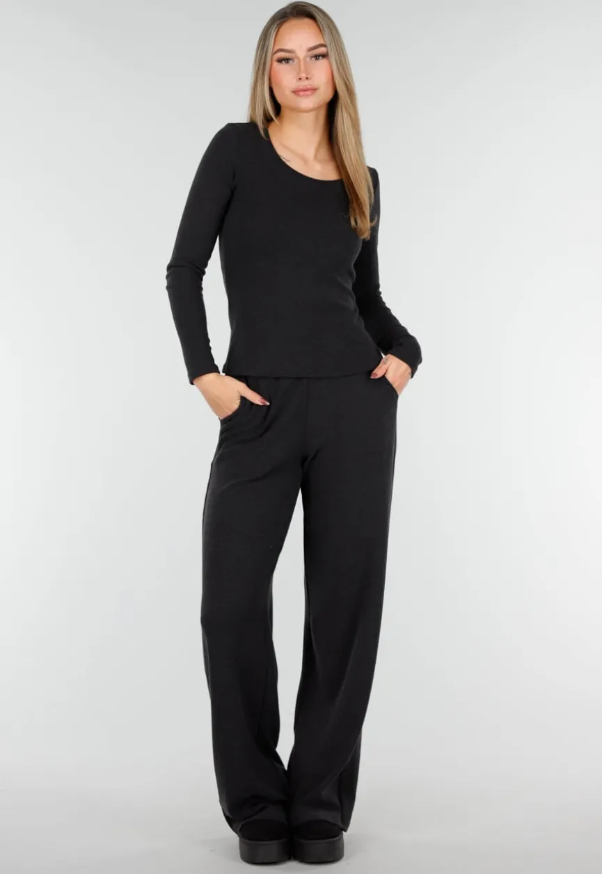 Grijze Zachte Stretch Top met Ronde Hals en Lange Mouwen