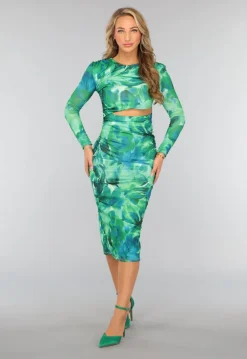 Groene Bloemenprint Jurk met Schoudervulling