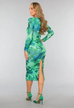 Groene Bloemenprint Jurk met Schoudervulling