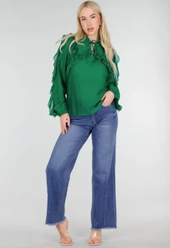 Groene Chiffon Blouse met Ruches en Strikdetail