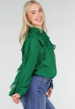Groene Chiffon Blouse met Ruches en Strikdetail