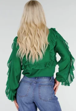 Groene Chiffon Blouse met Ruches en Strikdetail