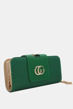 Groene Clutch met Goudkleurige Ketting en Gevlochten Textuur