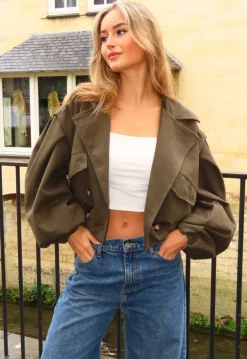 Groene Cropped Suède Trench Jas