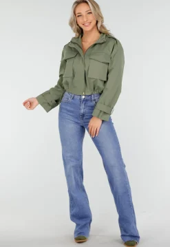 Groene Cropped Utility Jas met Grote Zakken