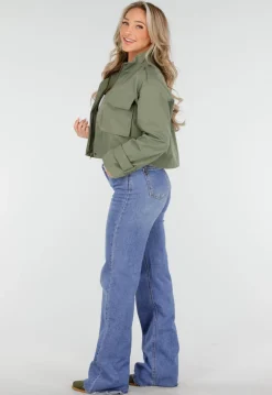 Groene Cropped Utility Jas met Grote Zakken