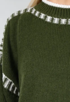Groene Gebreide Trui met Hoge Hals en Witte Randdetails