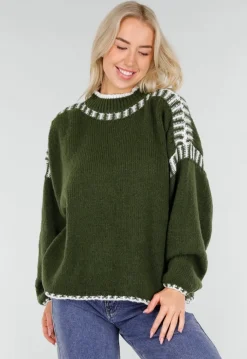 Groene Gebreide Trui met Hoge Hals en Witte Randdetails
