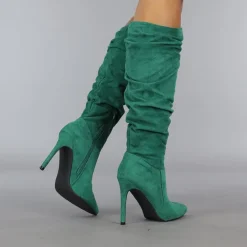 Groene Geplooide Laars met Stiletto Hak