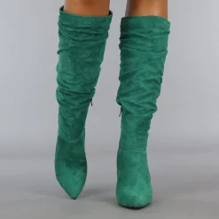 Groene Geplooide Laars met Stiletto Hak