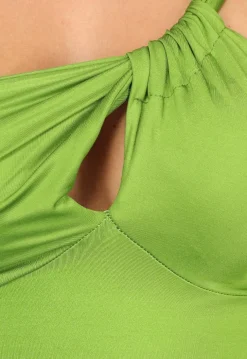 Groene Glanzende Midi Jurk met Pads