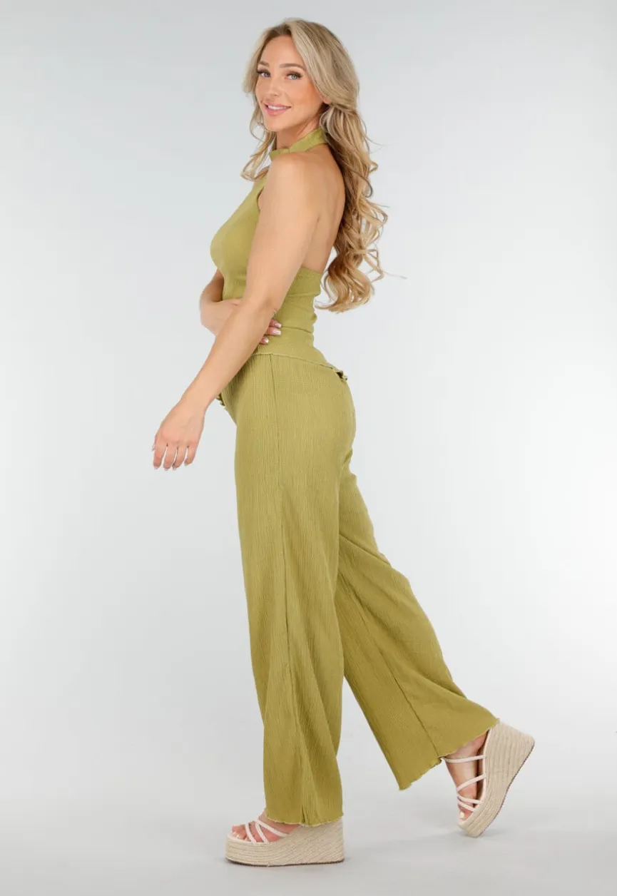 Groene Haltertop en Wijde Broek Set met Stretch