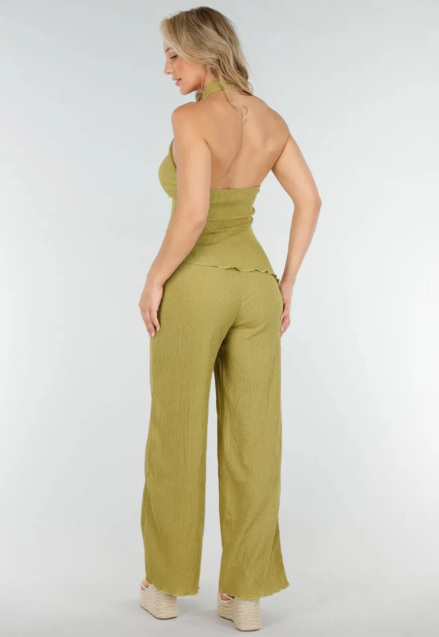 Groene Haltertop en Wijde Broek Set met Stretch