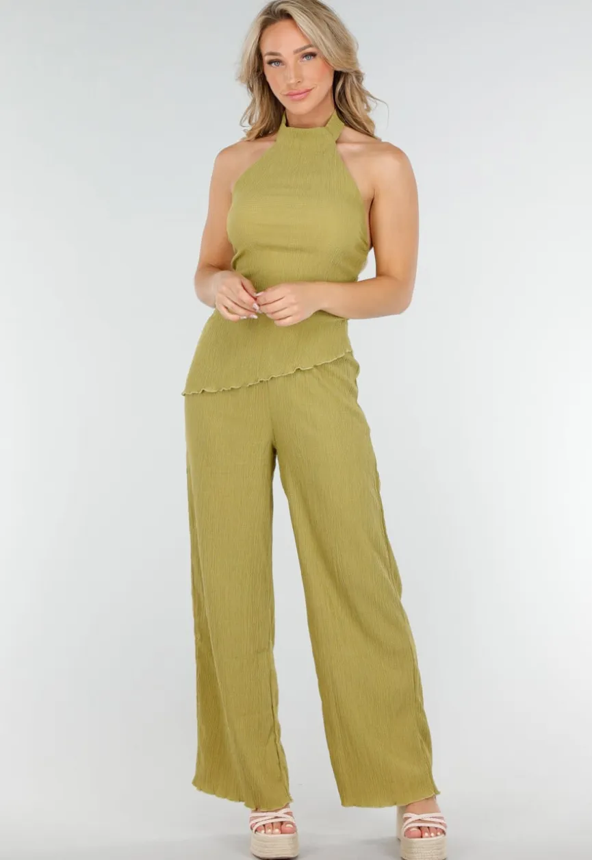 Groene Haltertop en Wijde Broek Set met Stretch