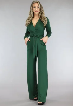 Groene Jumpsuit met Wijde Pijpen en Tailleband