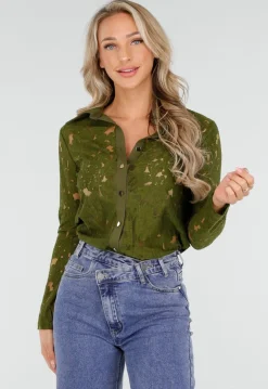 Groene Kanten Blouse met Lange Mouwen en Knoopsluiting
