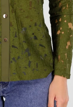 Groene Kanten Blouse met Lange Mouwen en Knoopsluiting