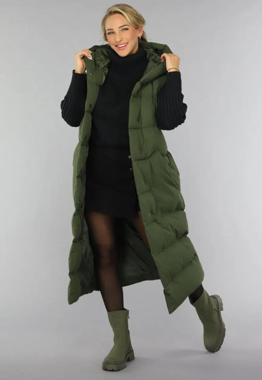 Groene Lange Gewatteerde Bodywarmer met Tailleband