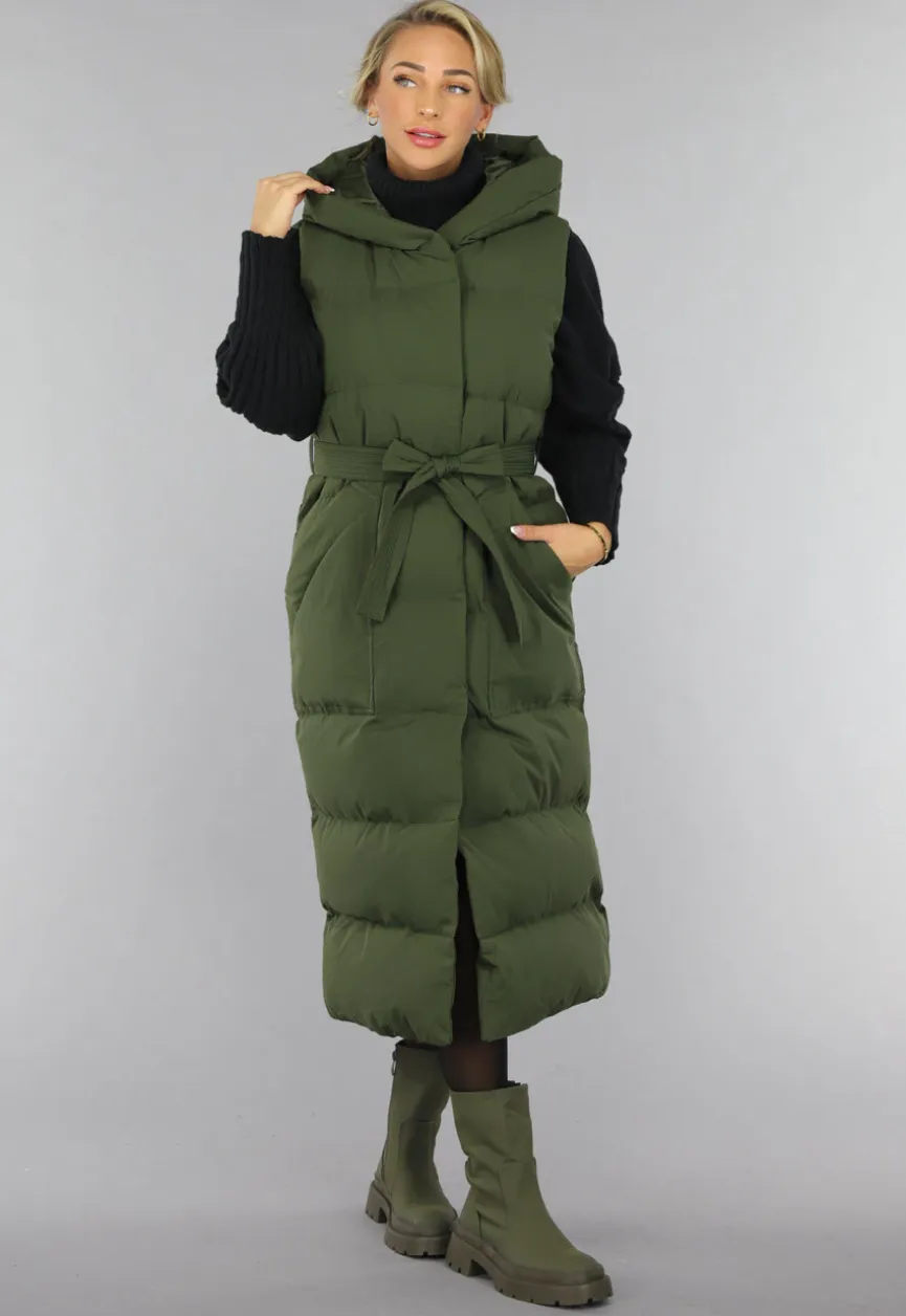 Groene Lange Gewatteerde Bodywarmer met Tailleband